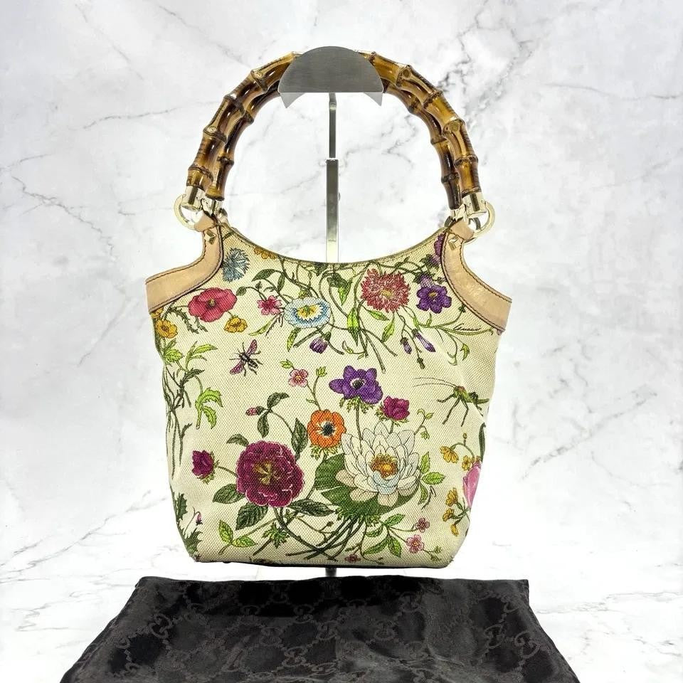GUCCI Hand Bag Tote Purse Bamboo Canvas Leather Multicolor Beige Authentic
