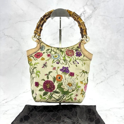 GUCCI Hand Bag Tote Purse Bamboo Canvas Leather Multicolor Beige Authentic