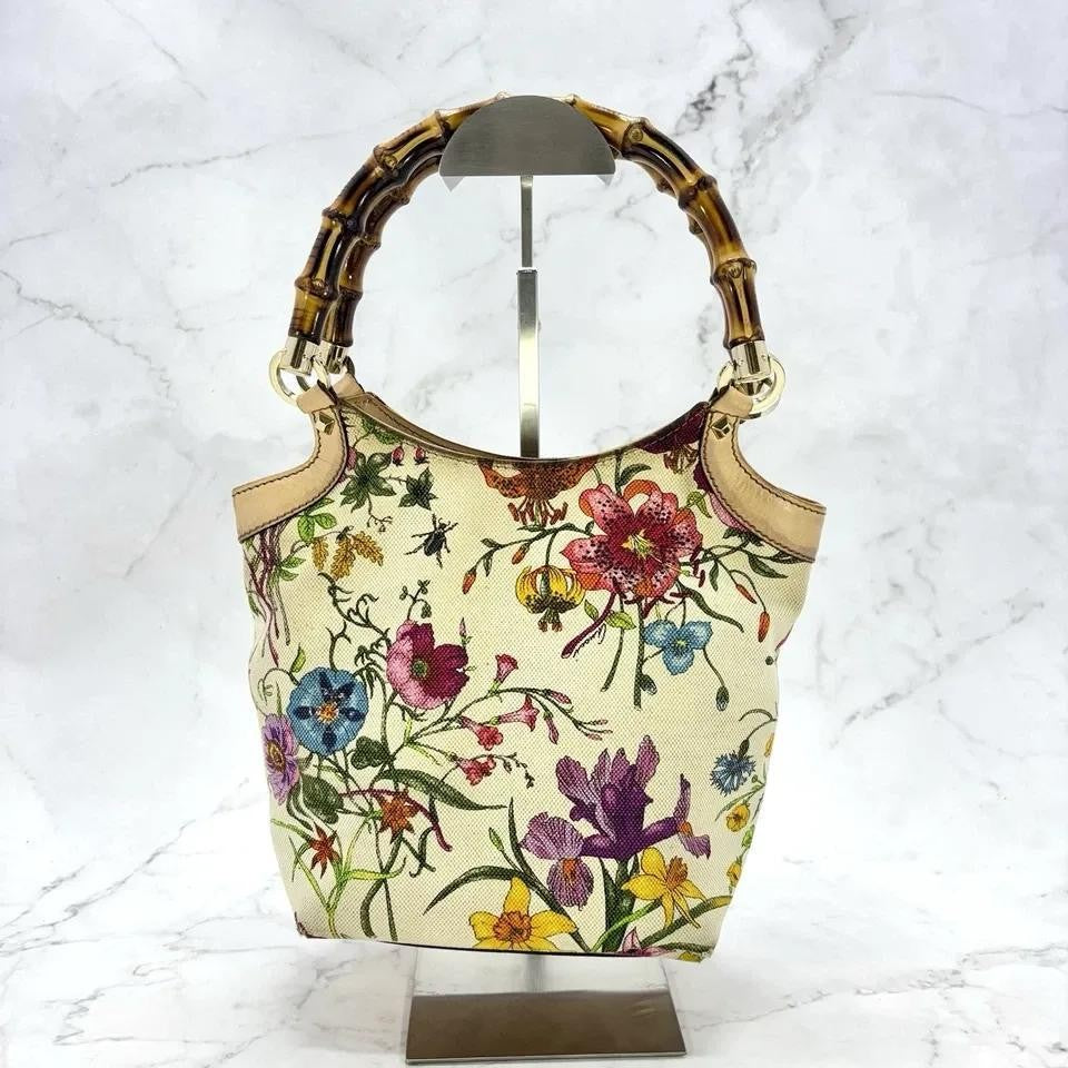 GUCCI Hand Bag Tote Purse Bamboo Canvas Leather Multicolor Beige Authentic