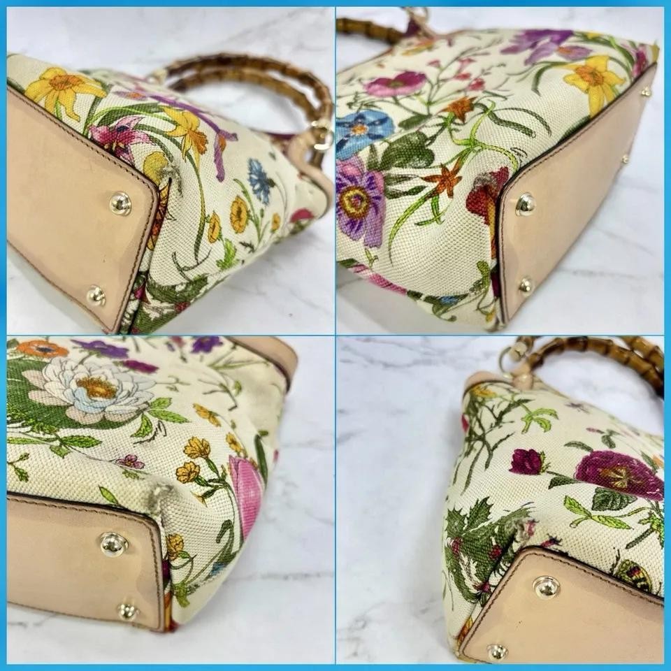 GUCCI Hand Bag Tote Purse Bamboo Canvas Leather Multicolor Beige Authentic