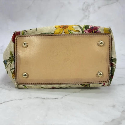GUCCI Hand Bag Tote Purse Bamboo Canvas Leather Multicolor Beige Authentic