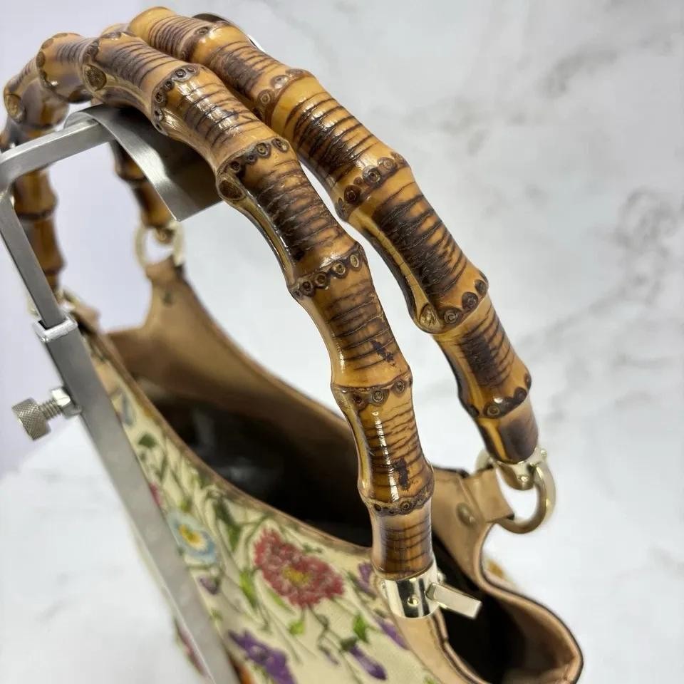 GUCCI Hand Bag Tote Purse Bamboo Canvas Leather Multicolor Beige Authentic