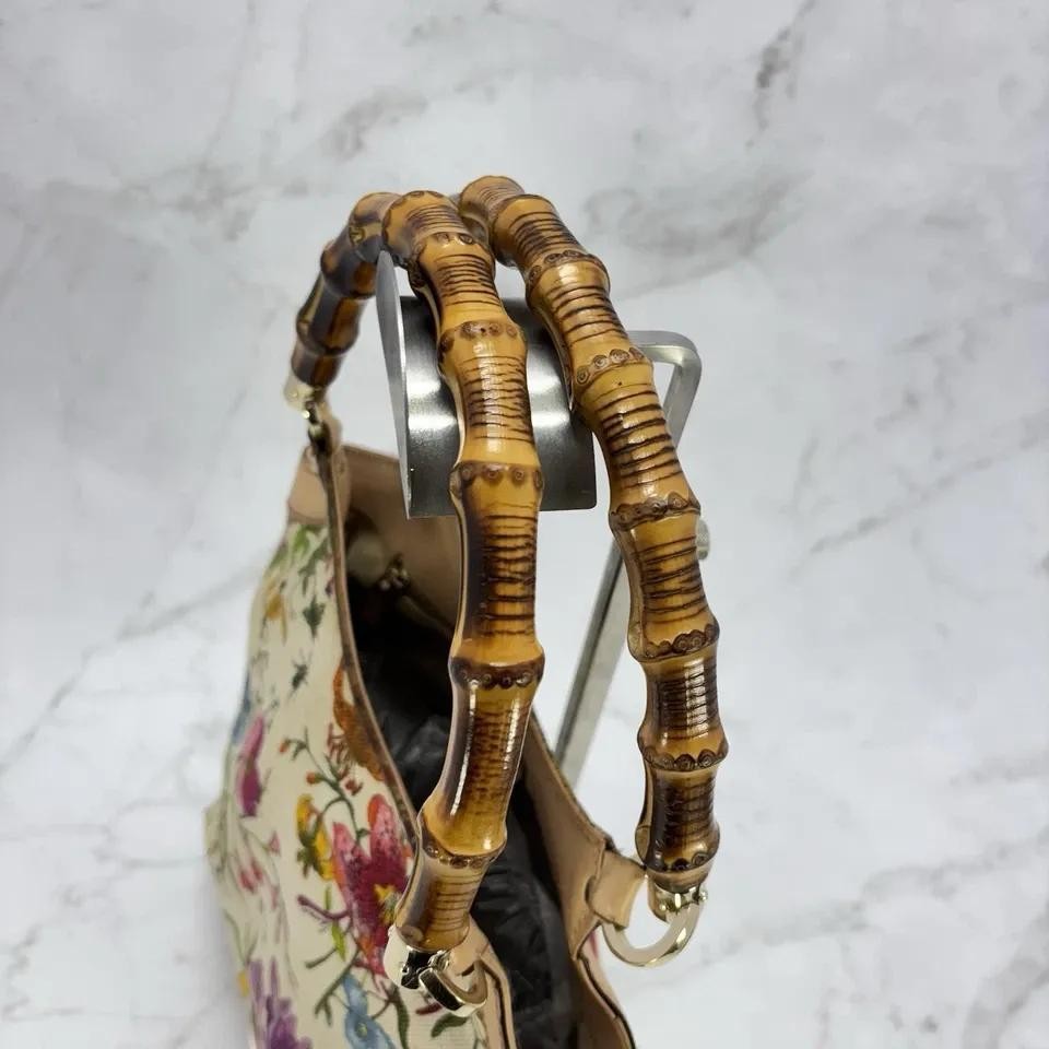 GUCCI Hand Bag Tote Purse Bamboo Canvas Leather Multicolor Beige Authentic