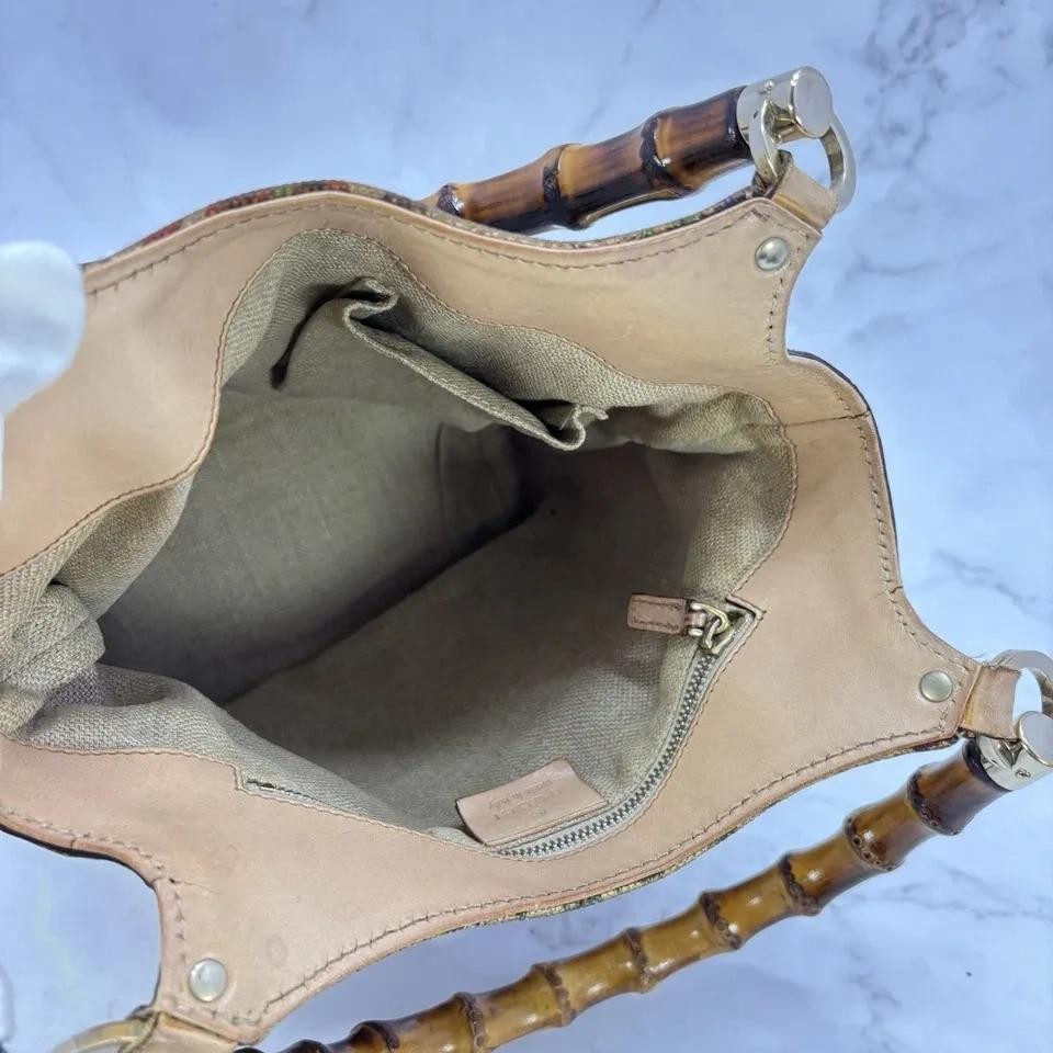GUCCI Hand Bag Tote Purse Bamboo Canvas Leather Multicolor Beige Authentic