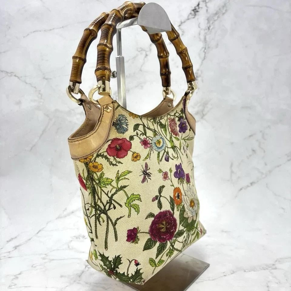 GUCCI Hand Bag Tote Purse Bamboo Canvas Leather Multicolor Beige Authentic