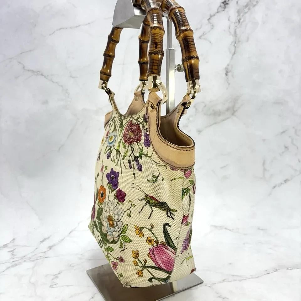 GUCCI Hand Bag Tote Purse Bamboo Canvas Leather Multicolor Beige Authentic
