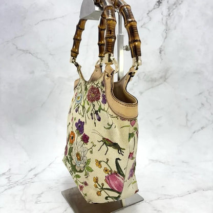 GUCCI Hand Bag Tote Purse Bamboo Canvas Leather Multicolor Beige Authentic