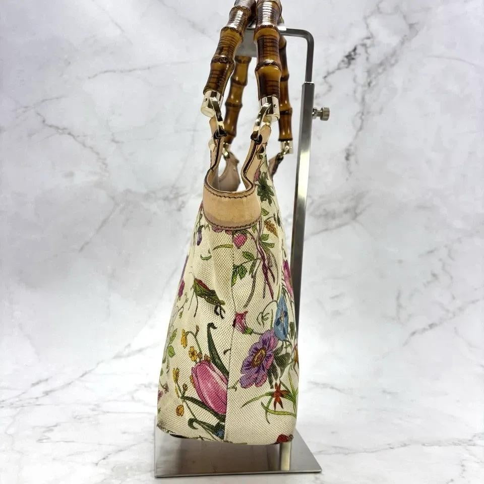 GUCCI Hand Bag Tote Purse Bamboo Canvas Leather Multicolor Beige Authentic