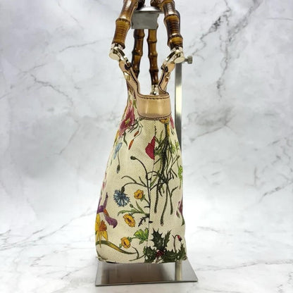 GUCCI Hand Bag Tote Purse Bamboo Canvas Leather Multicolor Beige Authentic
