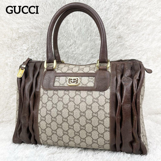 GUCCI Hand Bag Tote Purse GG Supreme Leather PVC Brown Beige Authentic