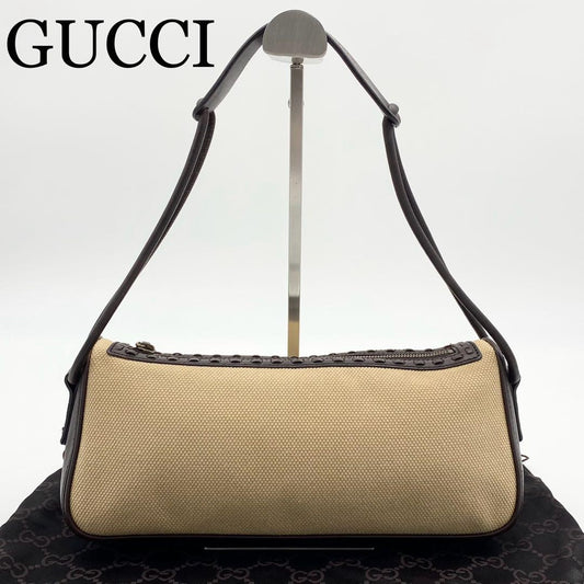 GUCCI Shoulder Bag Purse Canvas Leather Brown Beige Authentic