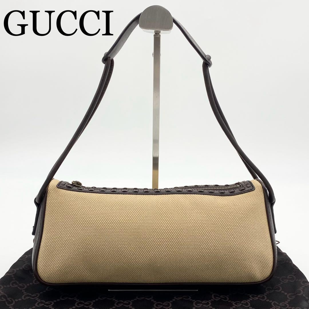 GUCCI Shoulder Bag Purse Canvas Leather Brown Beige Authentic