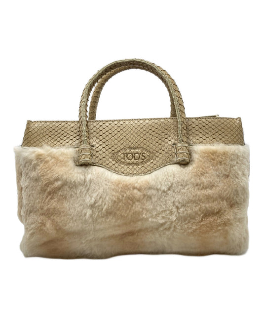 TOD'S Hand Bag Tote Purse Leather Beige Authentic