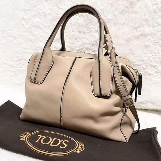 TOD'S Hand Shoulder Bag Tote Purse 2way D-Styling Leather Beige Authentic