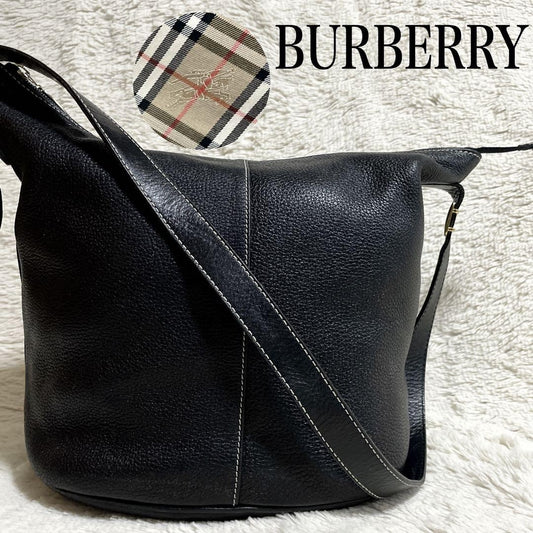 BURBERRY Shoulder Bag Purse Nova Check Leather Black Authentic