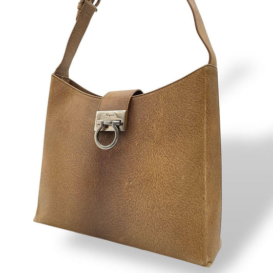 Salvatore Ferragamo Shoulder Bag Purse Gancini Leather Brown Authentic
