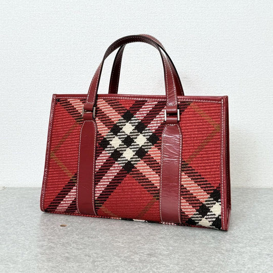 BURBERRY BLUE LABEL Hand Bag Tote Purse Nova Check Canvas Leather Red Authentic