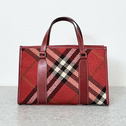 BURBERRY BLUE LABEL Hand Bag Tote Purse Nova Check Canvas Leather Red Authentic