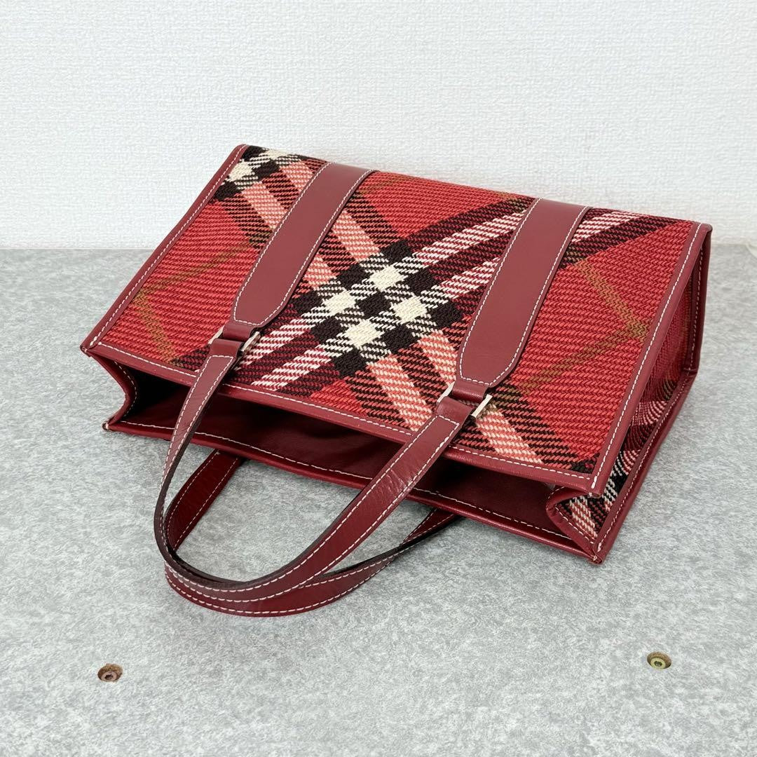 BURBERRY BLUE LABEL Hand Bag Tote Purse Nova Check Canvas Leather Red Authentic