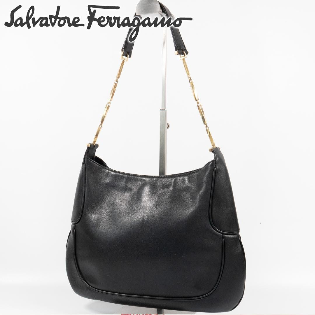 Salvatore Ferragamo Shoulder Bag Purse Leather Black Authentic
