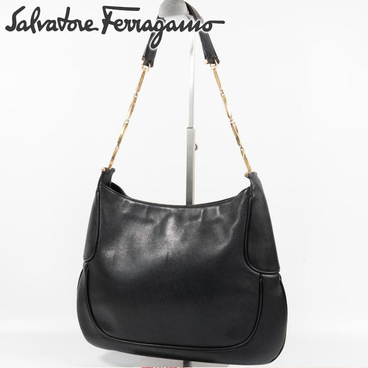 Salvatore Ferragamo Shoulder Bag Purse Leather Black Authentic