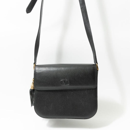 Valentino Garavani Shoulder Bag Purse Logo Leather Black Authentic