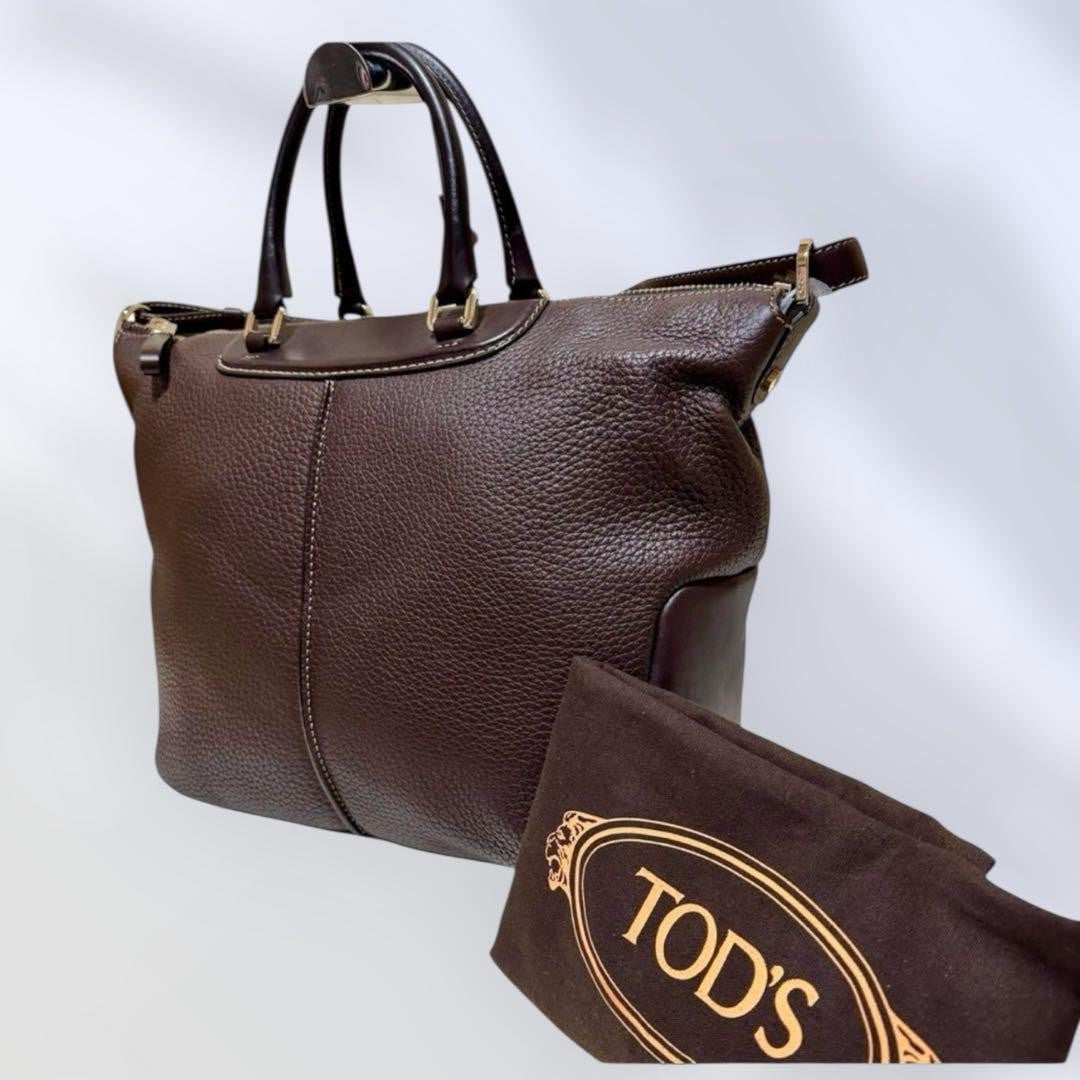 TOD'S Hand Shoulder Bag Tote Purse 2way Leather Brown Authentic
