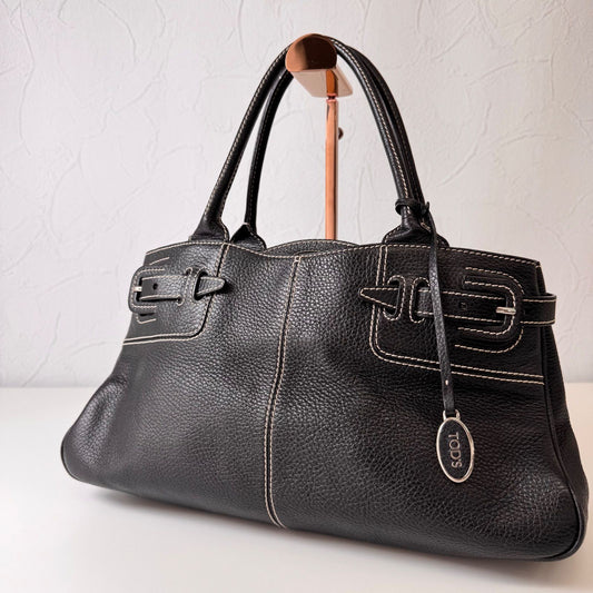 TOD'S Hand Bag Tote Purse Leather Black Authentic