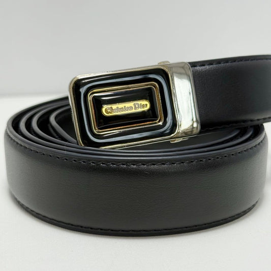 Christian Dior Men's Belt Logo Leather Gold Black Authentic