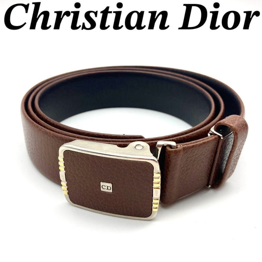 Christian Dior Unisex Belt CD Leather Brown Silver Authentic