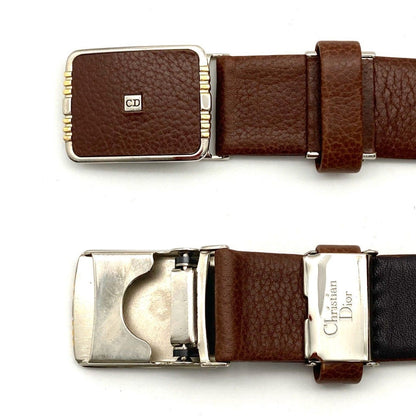 Christian Dior Unisex Belt CD Leather Brown Silver Authentic