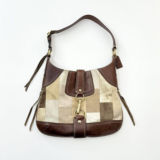 COACH Shoulder Bag Purse Patchwork Mosaic Hampton Hobo Dark Brown Beige Auth