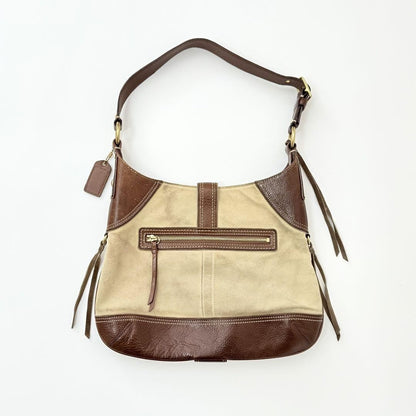 COACH Shoulder Bag Purse Patchwork Mosaic Hampton Hobo Dark Brown Beige Auth