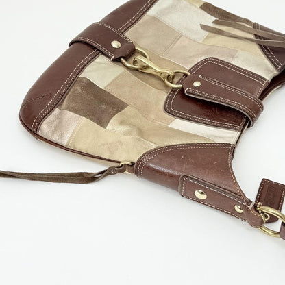 COACH Shoulder Bag Purse Patchwork Mosaic Hampton Hobo Dark Brown Beige Auth