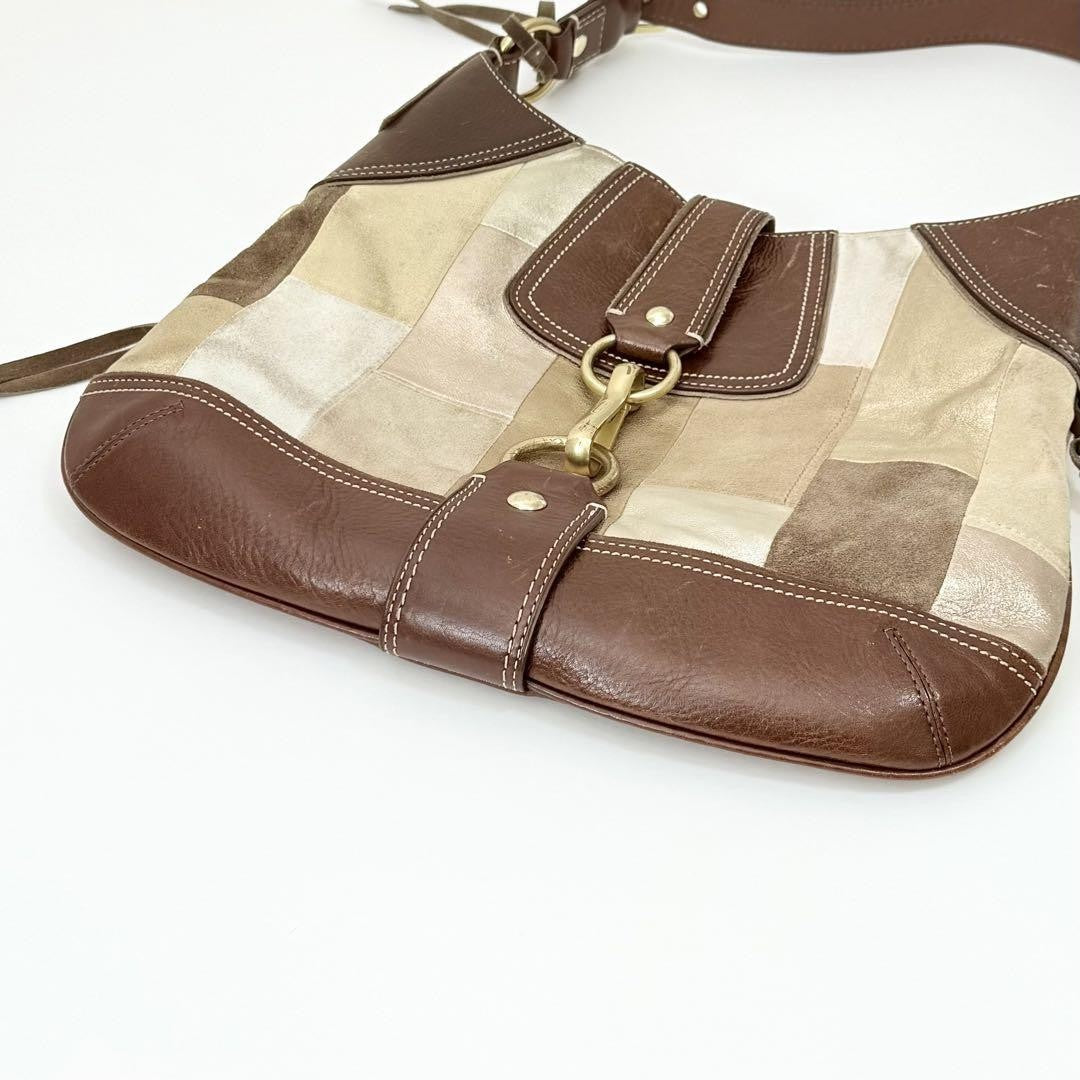 COACH Shoulder Bag Purse Patchwork Mosaic Hampton Hobo Dark Brown Beige Auth