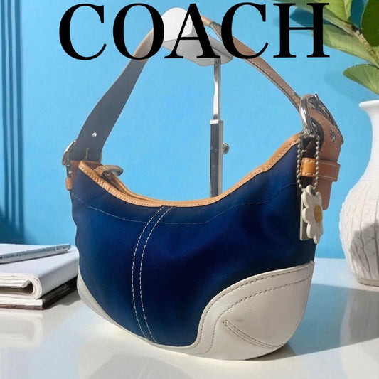 Borsa a tracolla Coach borsa tela pelle blu navy bianca autentica