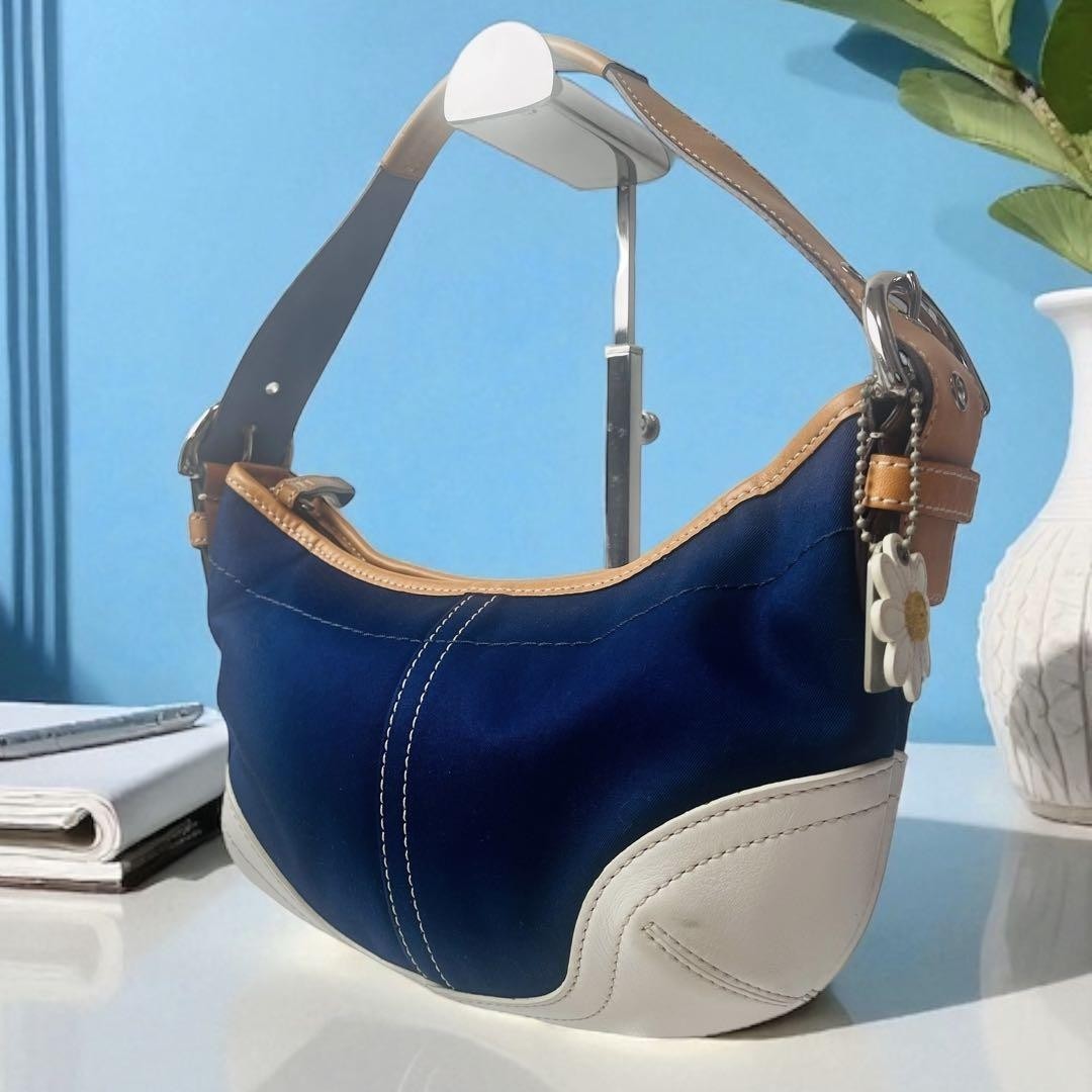 Borsa a tracolla Coach borsa tela pelle blu navy bianca autentica