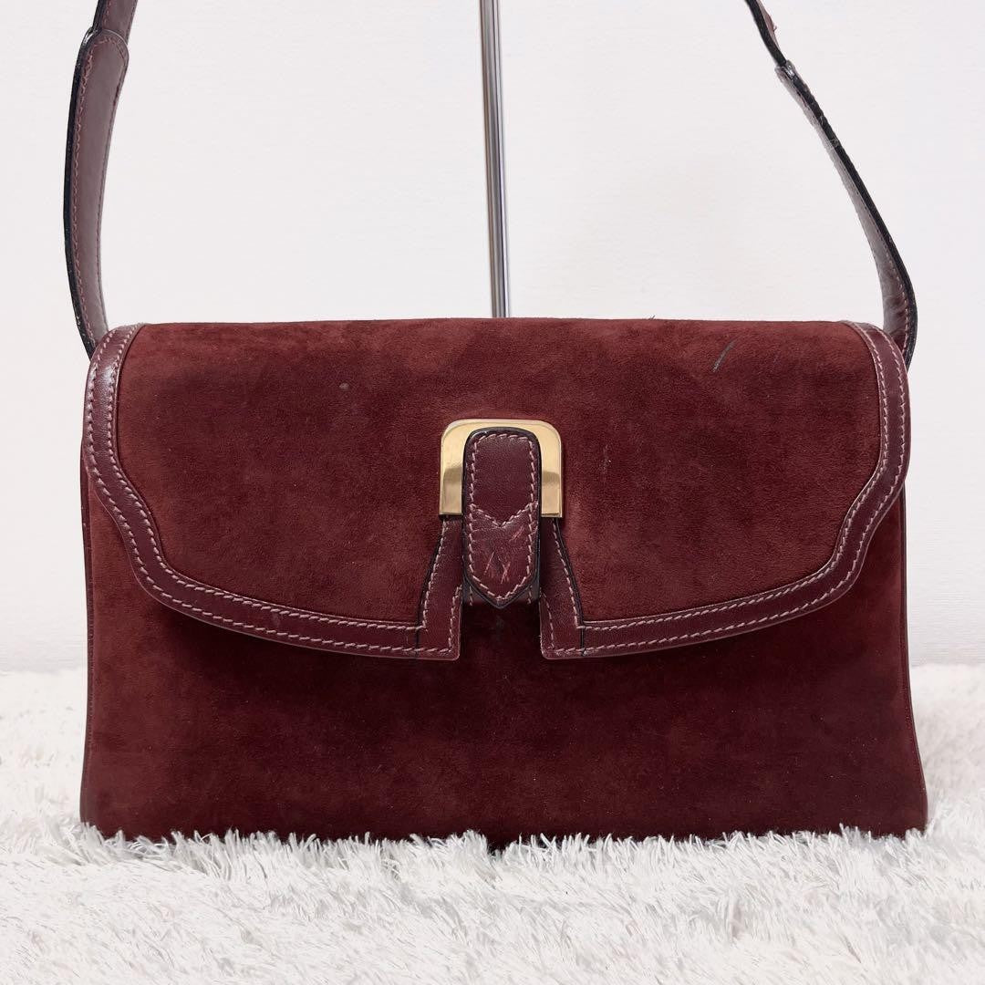 GUCCI Shoulder Bag Purse Old Suede Leather Wine Red Authentic