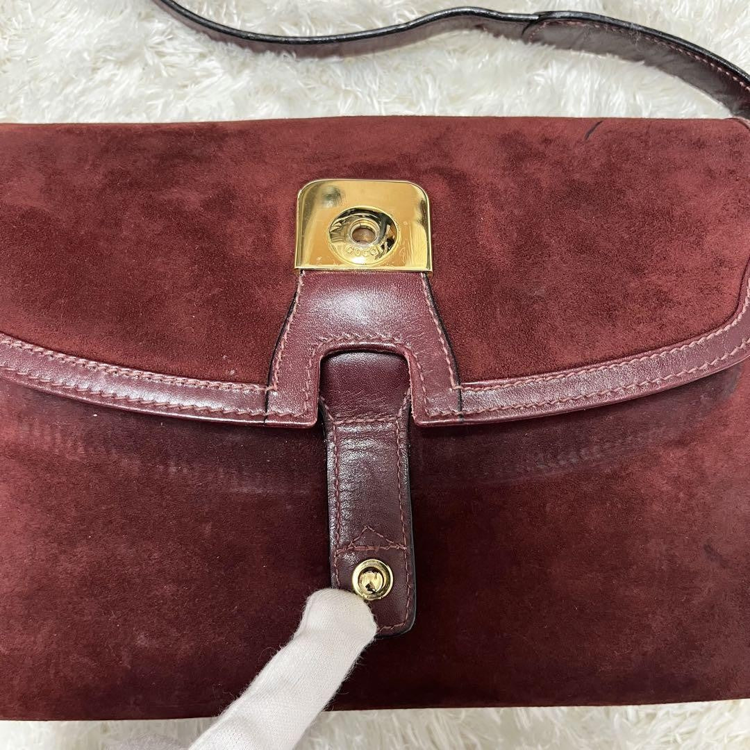 GUCCI Shoulder Bag Purse Old Suede Leather Wine Red Authentic