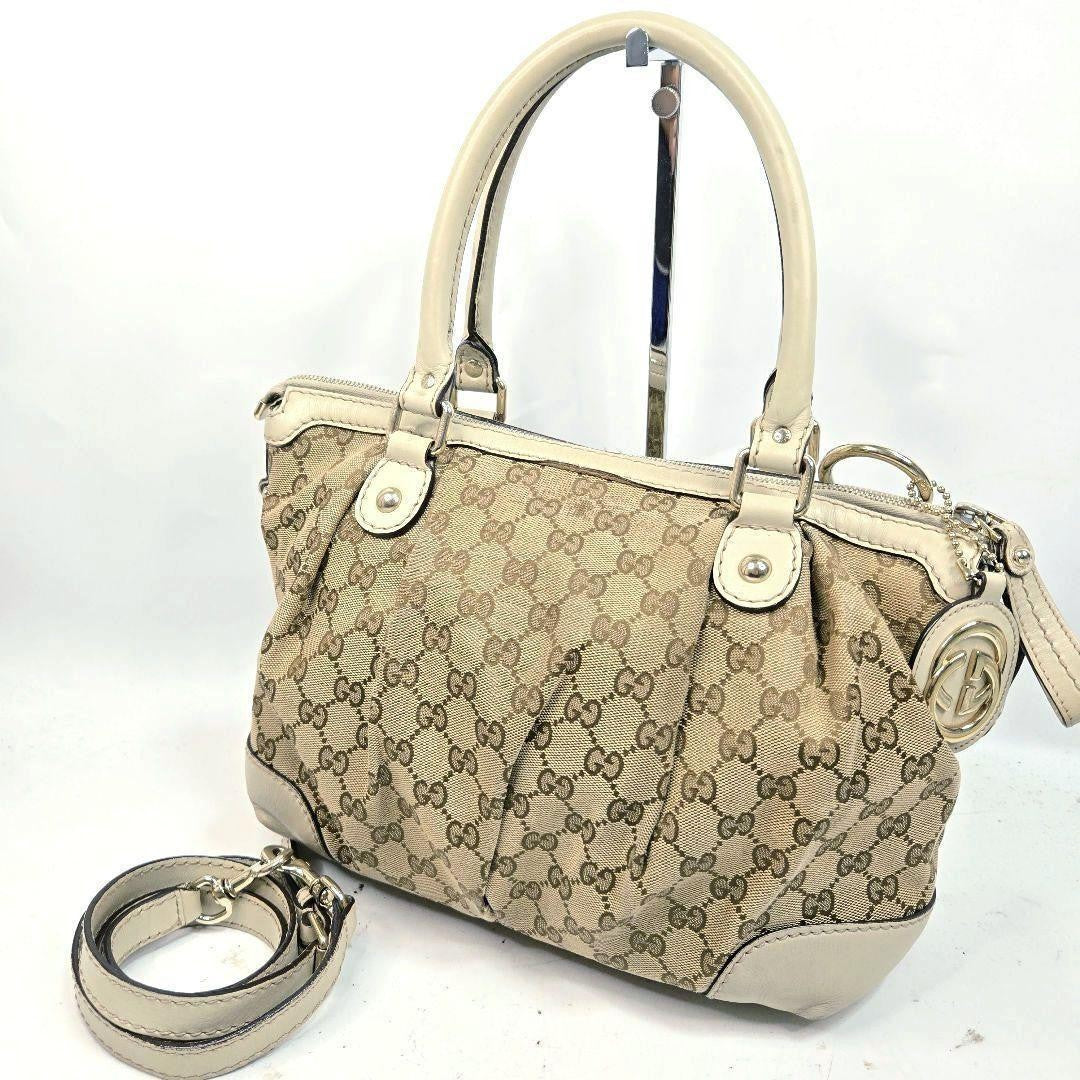 GUCCI Hand Shoulder Bag Tote Purse 2way GG Canvas Leather Authentic