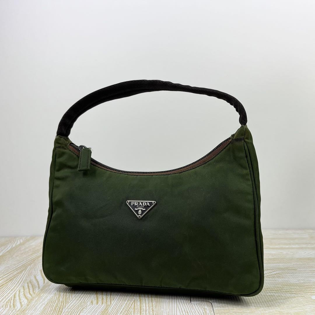 PRADA Accessory Pouch Hand Bag Tote Purse Logo Nylon Green Authentic