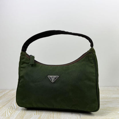 PRADA Accessory Pouch Hand Bag Tote Purse Logo Nylon Green Authentic