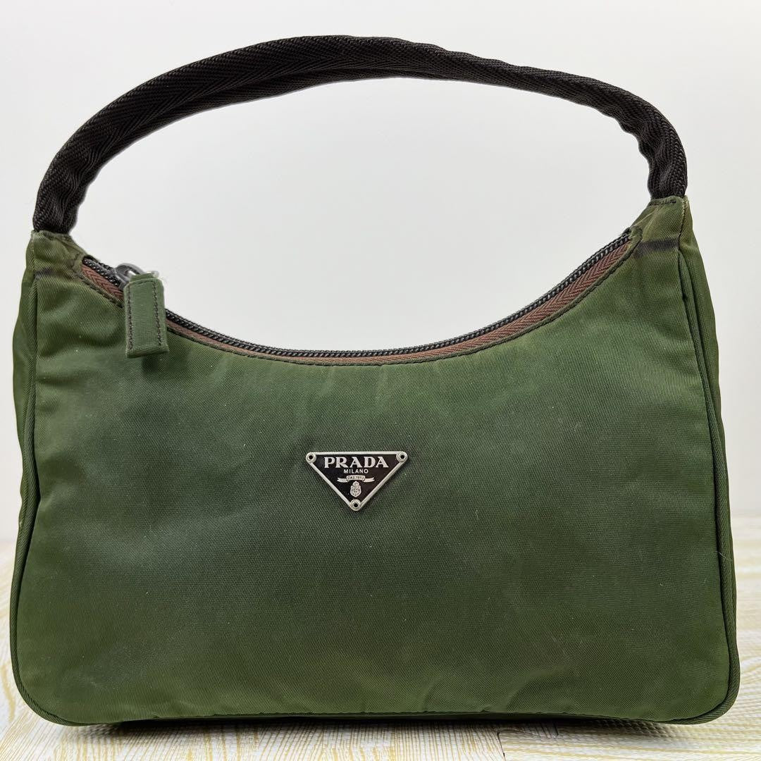 PRADA Accessory Pouch Hand Bag Tote Purse Logo Nylon Green Authentic