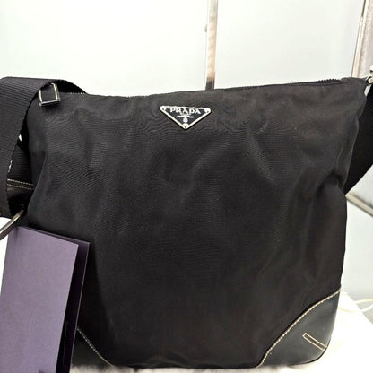 PRADA Shoulder Bag Purse Logo Nylon Leather Black Authentic
