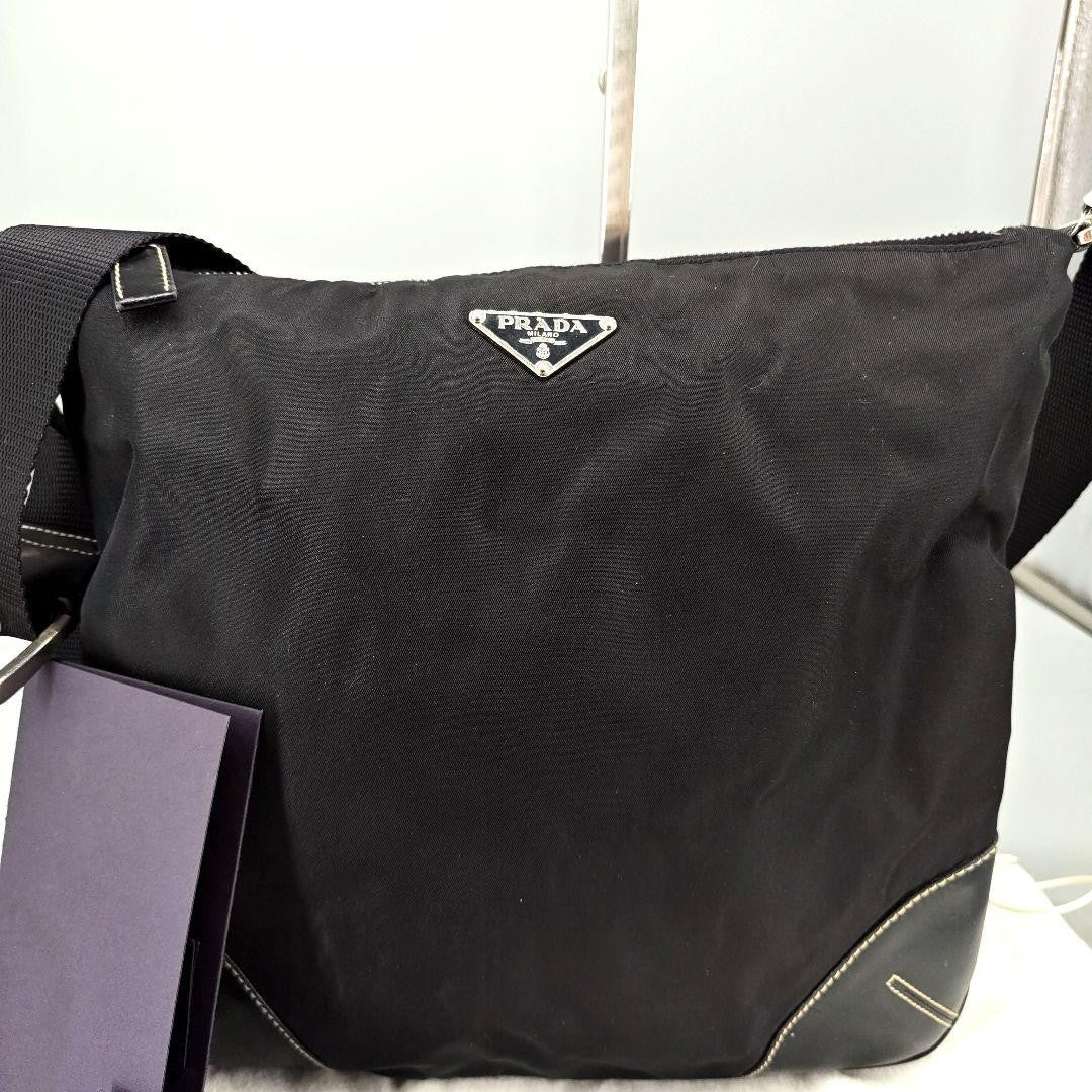 PRADA Shoulder Bag Purse Logo Nylon Leather Black Authentic