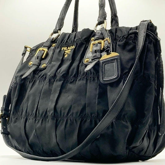PRADA Hand Shoulder Bag Tote Purse 2way Nylon Leather Black Authentic