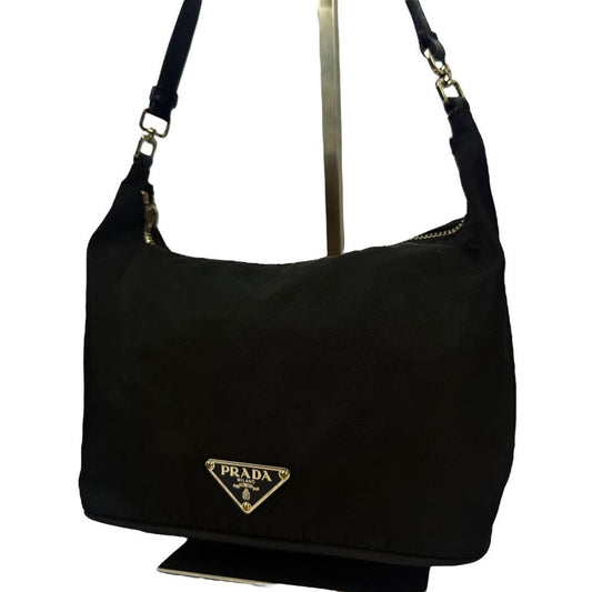 PRADA Accessory Pouch Hand Bag Tote Purse Logo Nylon Leather Black Authentic