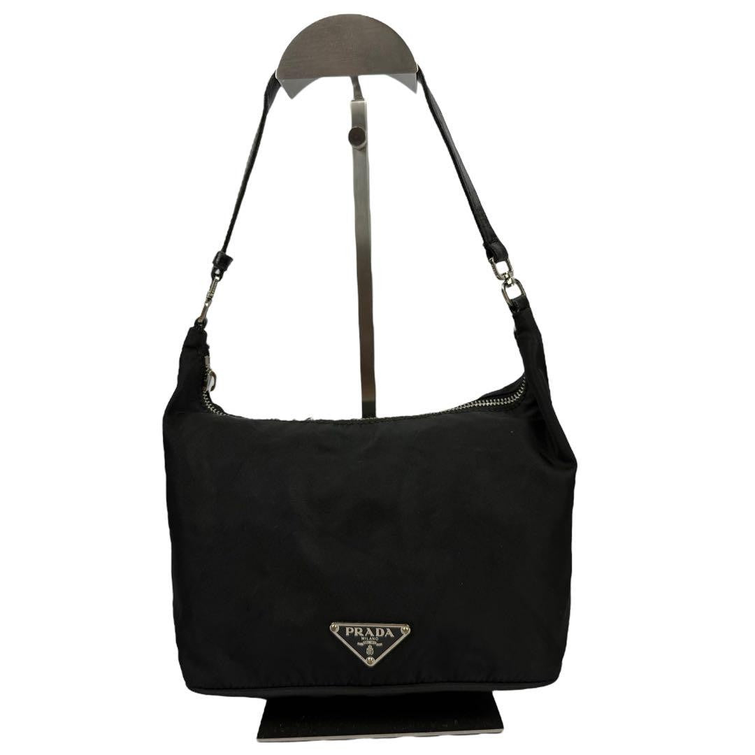 PRADA Accessory Pouch Hand Bag Tote Purse Logo Nylon Leather Black Authentic