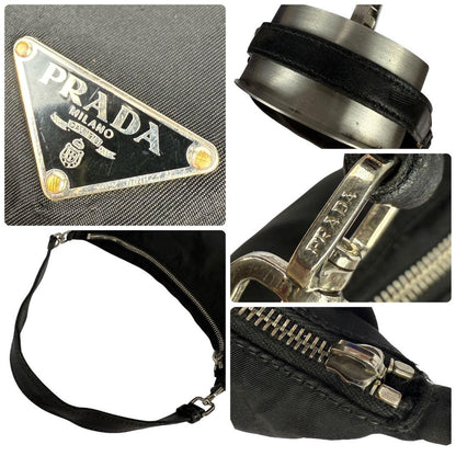 PRADA Accessory Pouch Hand Bag Tote Purse Logo Nylon Leather Black Authentic