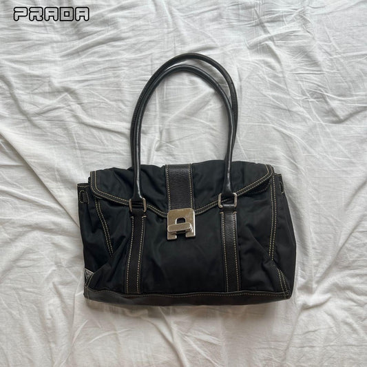 PRADA Hand Bag Tote Purse Logo Nylon Leather Black Authentic